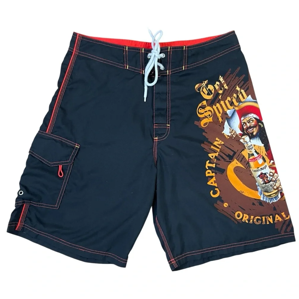 Captain Morgan Graphic Board Shorts Men’s  Black Red‎ Surf Swim Trunks Beachwear